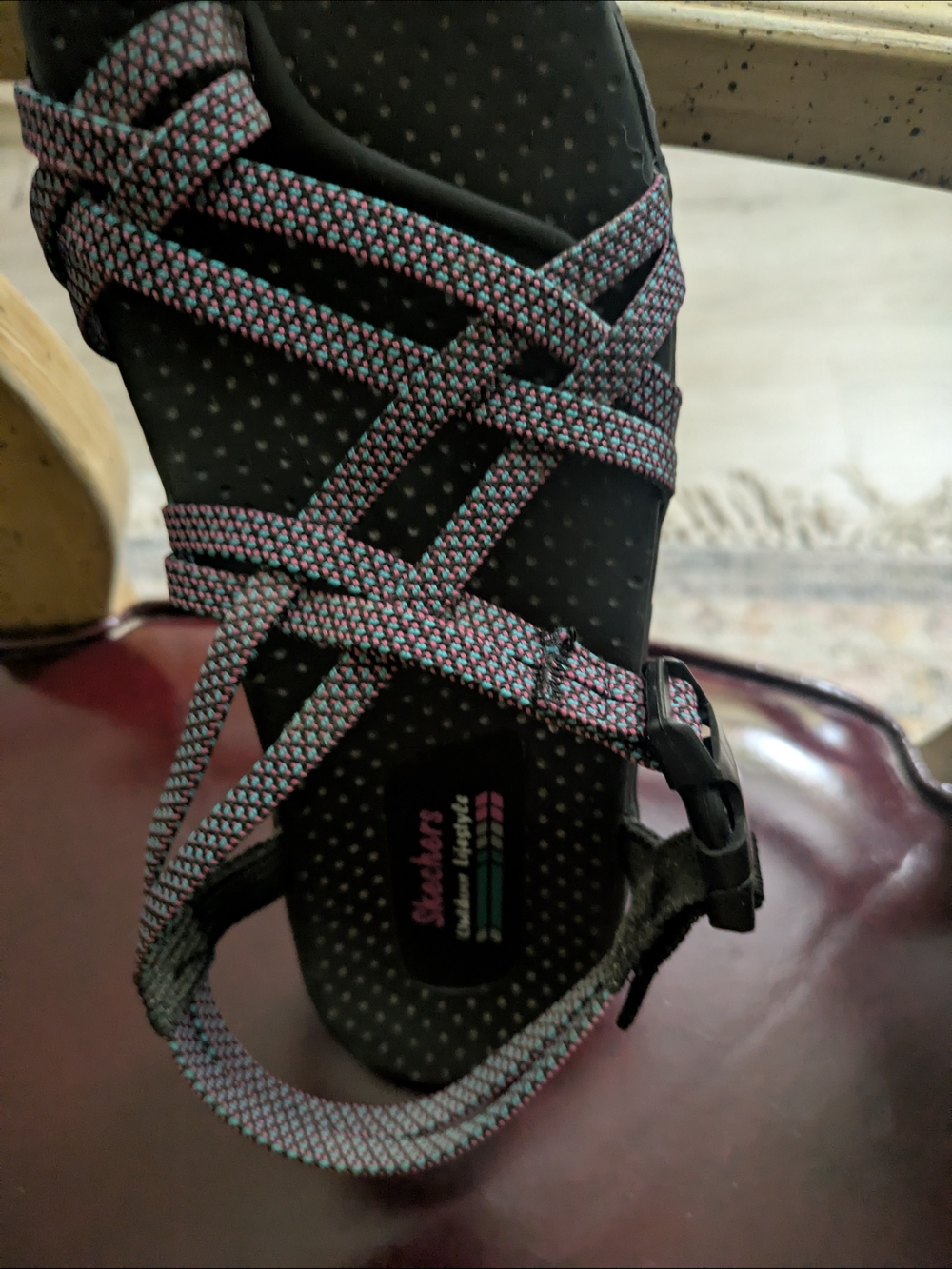 Skechers Women's Black Sandal with Pink and Light Blue Woven Straps